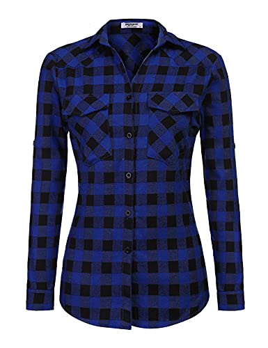 Zeagoo Womens Flannels Long/Roll Up Sleeve Plaid Shirts Cotton Check Gingham Top S-3XL (X-Large, Blue1)