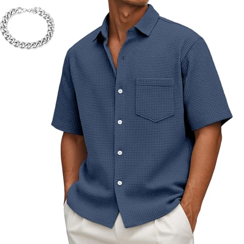 Mokaloha Mens Shirts, Men's Loose Casual Waffle Solid Color Button Short Sleeve Shirt