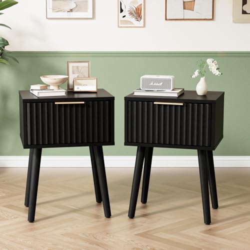 Image of VINGLI Night Stand Set 2, Fluted Nightstands with Drawer, Mid Century Modern Nightstands Set of 2, Bedside Table, End Table, Wood Nightstand for Bedroom, Black, 15.75 inch W*11.81 inch D*21.85 inch H