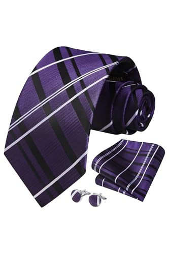Image of HISDERN Mens Ties Set Stripe Plaid Ties for Men and Pocket Square Cufflinks Formal Silk Necktie Wedding Business