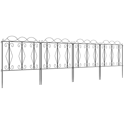 Outsunny Lot de 4 clôtures de Jardin décoratives en métal Noir avec Ornements - 252 x 62 cm Noir
