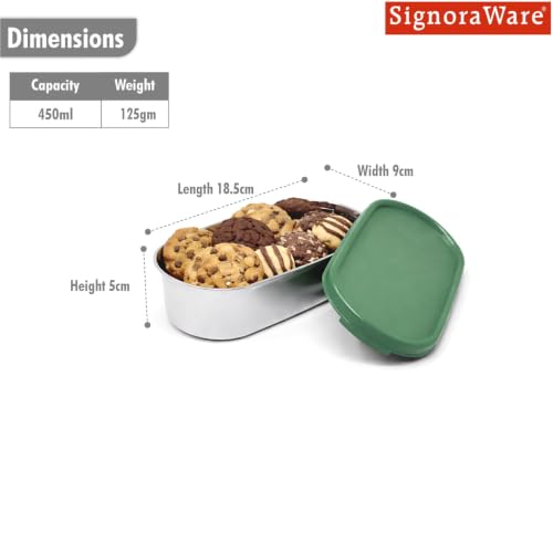 Image of Signoraware Flat Stainless Steel Oval Small Container,(450ml, EGreen), Airtight & Leakproof, Dishwasher safe, Best for School, Office, Picnics & Outdoor Activities, Great for Kids & Adults