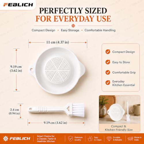 Image of Ceramic Garlic Grater Plate with Brush Manual Crusher Grinder Tool for Ginger, Garlic, Turmeric, Nutmeg, Fruits & Vegetables Durable, Easy to Clean, Non-Slip Kitchen Utensil (Small)