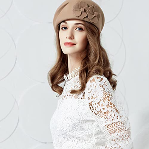 Vintage French Beret Wool Felt Hat For Women Flower Fedora Winter Ladies Church Chepeau Feminino #TOP1