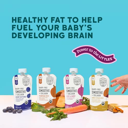 Image of Serenity Kids 6+ Months Dairy Free Smoothie Baby Food Pouches - Protein Snack Pouches with Grass-Fed Collagen & Healthy Fats - USDA Organic Baby Food with No Added Sweeteners - 3.5 Fl Oz, Pack of 8