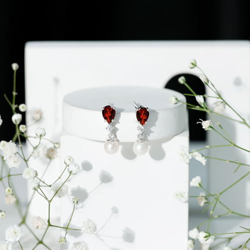 Certified Pearl Garnet Bridal Earrings, AAA Quality, Real Pearl Drop Earrings in Silver - Gift For Women2