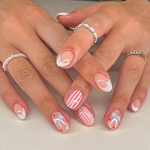 4th of July Press on Nails White French Tip Fake Nails Medium Oval False Nail with Designs Striped | Bow | Star Cute Reusable Glue on Nail Full Cover 4th of July Nails for Women Manicure 24Pcs