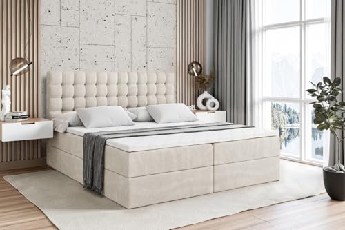 ALTDECOR Boxspringbett mit Matratze und Lattenrost, Boxbett, Topper, Polsterbett mit Bettkasten, Bett mit Stauraum H3-Matratze, Doppelbett, Springboxbett - VIONE - 180x200 Beige Samt