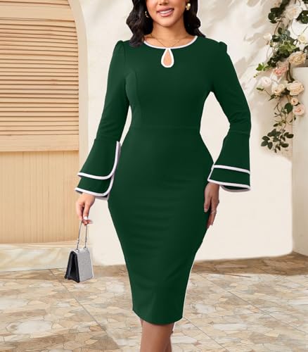 Image of ZonJie Church Dresses for Women Bell Sleeves Business Wear to Work Cocktail Party Pencil Casual Dress