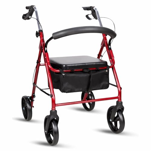 Andador para Ancianos con Asiento MA01, MARCA ESPAÑOLA   Plegable, Ligero y Regulable, Caminador para Personas Mayores con Cesta, RUEDAS DE 8 PULGADAS, ACERO, COLOR GRANATE