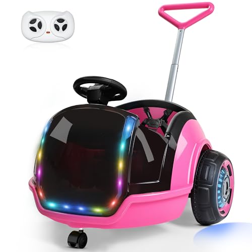 ANPABO 3-in-1 Electric Push Ride On Car, 12V Kids Ride On Toy w/Remote Control, 360&deg; Spin, 5-Point Safety Belt, Colorful LED Light, Music Player, Push Car for Toddler Ages 1-3 (Pink)