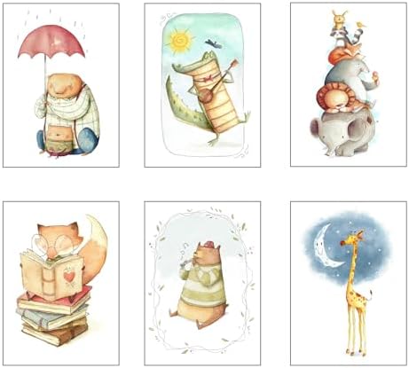Set of 6 Wooden Paintings, Living Room Decoration, Modern, Bedrooms, Children’s Room, Drawings, Animals, Plush Toys with Metal Hangers, (38 x 29 cm Each Frame)