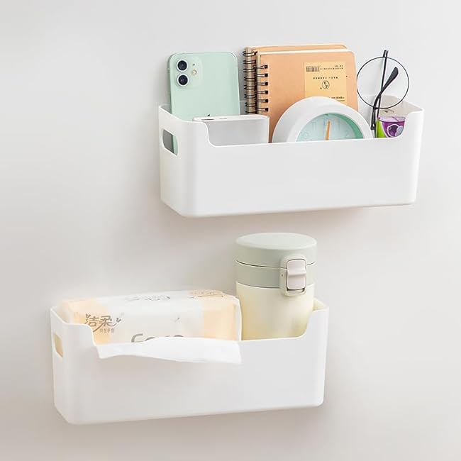 2 Pack Cabinet Organizer Storage, Adhesive Over Cabinet Door Organizer, No Drilling Space Saver Plastic Storage Containers Multi-Use for Kitchen Bathroom Office Bedroom, White