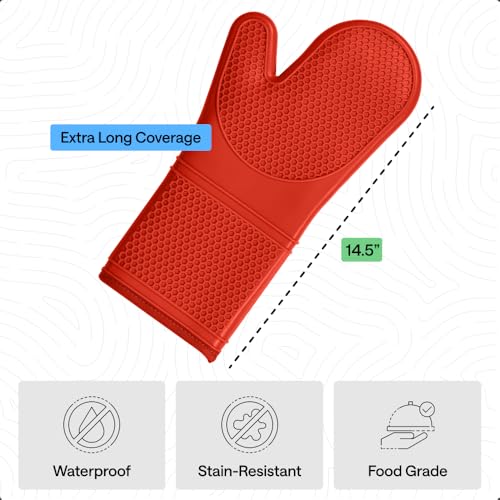 Image of GORILLA GRIP BPA-Free Soft Silicone Oven Mitts, 14.5x8.3, Heat Resistant and Waterproof Cooking Gloves, Thick Cotton Lining, Flexible Gripping for Baking Grilling, Kitchen Potholders Set of 2, Coral