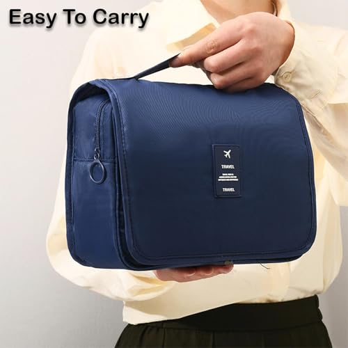 Image of Wishkey Travel Toiletry Pouch for Men & Women Waterproof Hanging Organizer Pouch for Bathroom Accessories, Makeup & Cosmetics Large Capacity Portable Toiletries Kit with Mesh Pockets - Dark Blue