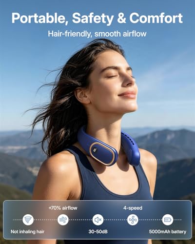 SHEWIND Portable Neck Fan - Hands Free Personal Fan, Rechargeable Bladeless Fan with 5000mAh-Battery, Digital Display, 4 Speeds, Birthday Gifts for Men, Women, Mom, and Dad - Blue