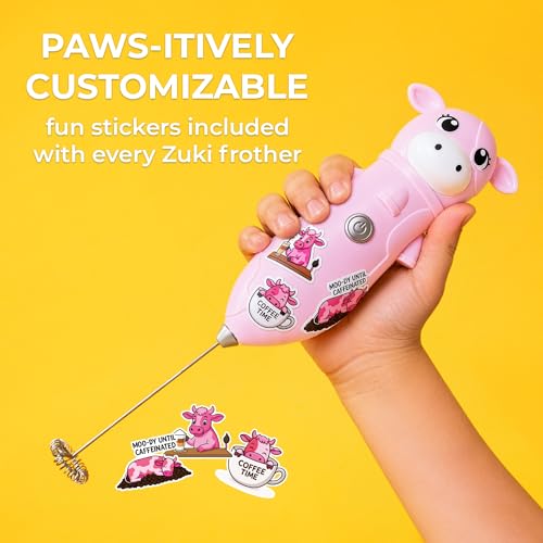 Image of Zulay Kitchen Cow Milk Frother Wand - Cutesy Frother, Meet Your New Frothing Buddy Bubblegum The Cow, Adoption Papers and Stickers Included, Purrr-fect for Lattes, Cappuccino & Matcha - Pink