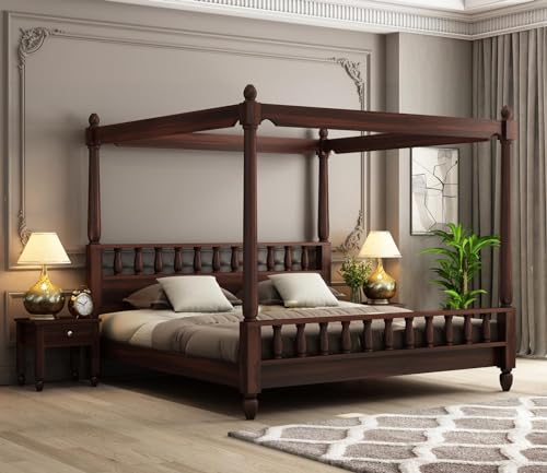 Image of Sheesham Solid Wood Allure Poster Bed Wooden Double Bed Cot Bed Furniture for Bedroom Home and Hotel (Walnut, Queen)