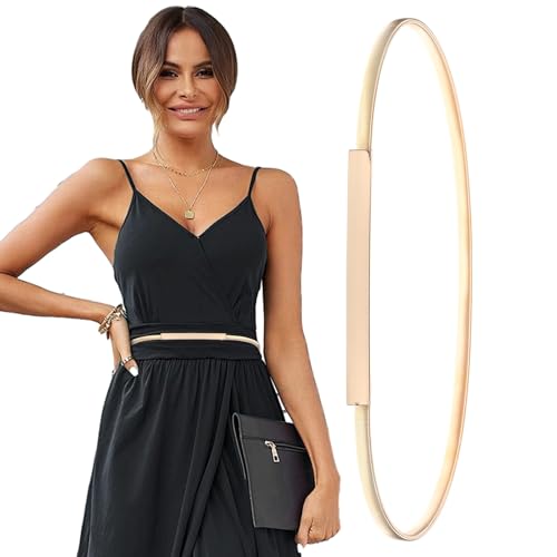 Skinny Metal Cinch Belt for Dress Fashion Retro Stretch Thin Waist Belt silver Waistband Elastic Chain Belts for Women