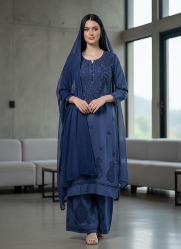 Image of Women's Lucknowi Chikankari Handwork Cotton Kurti, Palazzo and Dupatta Set