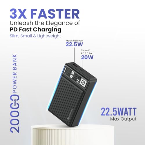 Portronics Luxcell Mini 20K Advanced 20000 mAh Nano Power Bank with 22.5W Max Output, LED Indicator, Mach USB-A Output, Type C PD Output, Type C Input, Wake Up Button(Black) view 2