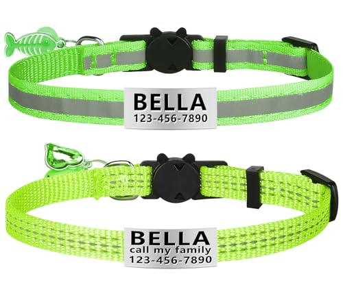 La Reine 2 Pack Cat Collar with Name Tag, Personalized Reflective Cat Collar Breakaway with Bell and Fish Bones and Heart Pendant (Green)