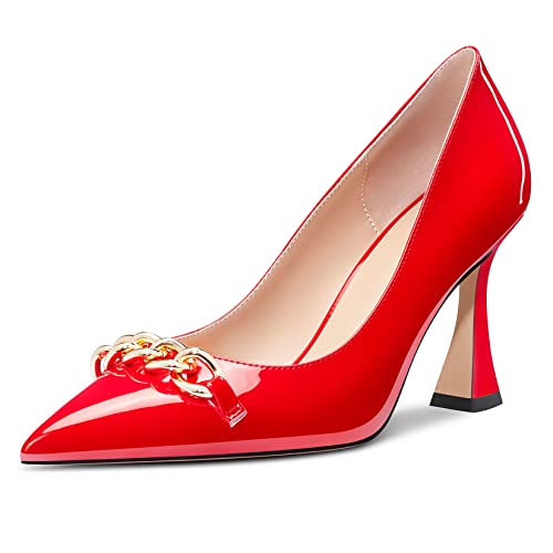 Castamere Mujer Alto High Heel Chunky Ancho Puntiaguada Punta Pumps Slip-on Fiesta Dress 8.5 CM Heels Rojo Charol 45 EU