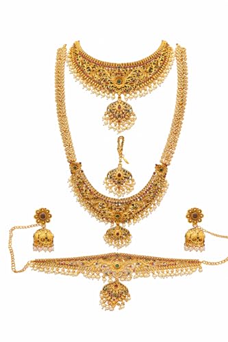 JOKERWAL BROTHERS South Indian Matte Finish Gold Necklace Set, Traditional Bridal Jewelry Combo with Pearls and Gemstones