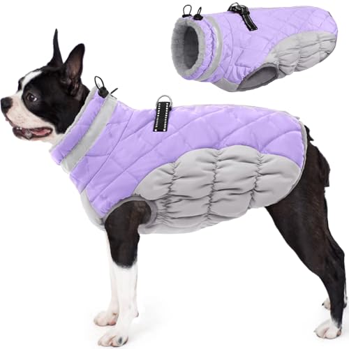 Image of AOFITEE Dog Coat, Warm Dog Jacket, Reflective Winter Coats for Medium Dogs, Turtleneck Dogs Winter Jacket with Harness Built in, Waterproof Windproof Pet Fleece Vest Puffer Jacket, Lilac M