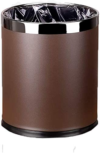 Alexo Trash Can Luxury Metal Waste Bin with Leather Cover,Open Top Office Wastebasket,Double Layer, Round Shaped (Coffee W/Silver Ring)