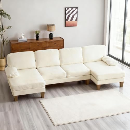 Image of Karl home Compact U-Shape Sectional Sofa Couch 111 inch 4-Seat Beige | Modern, Chenille Fabric Upholstered, Double Chaise, Wood Grain Legs for Living Room, Home Office, Apartment, Studio