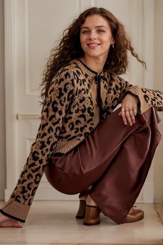 Image of Kedera Women Leopard Cardigan Open Front Tie Up Sweaters Long Sleeve Cheetah Print Top Cropped Cardigan Jackets