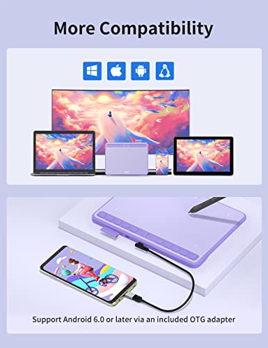 Image of Ugee Drawing Tablet 6.5x4 Inches Computer Graphics Tablets with 10 Hot Keys,Digital Tablet Battery-Free Stylus 8192 Pressure Sensitivity 60Tilt Function Drawing Pad for PC,Mac,Windows,Android-Purple