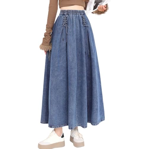 chouyatou Women's Bowknot Elastic High Waist Jean Skirt Frayed A Line Flared Long Maxi Denim Skirt