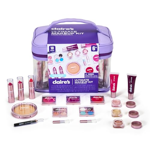 Claires Ultimate Makeup Kit 18-Piece Real Cosmetic Set Makeup for Kids 8-12 Girl Toys & Beauty Activity Gift with Lip Gloss Lipstick Eyeshadow Eyeliner Blush Highlighter & Carry Case