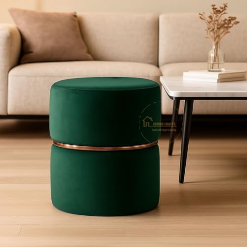 Image of JUMBO CRAFTS Wooden Puffy Round Footstool - Ottoman Stool for Living Room Furniture Round Ottoman - Sitting Pouffe Ottoman Stool /Room Dcor /Office Stool - Green