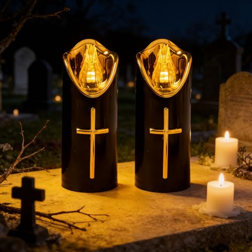 LED Grablichter für Draußen, 2er LED Kerzen Grablicht Grabkerzen Flackereffekt wie echte Kerze, Wiederverwendbar Friedhofskerze Gedenkkerze Batteriebetriebene Grablampe für Grab Tiergedenken (Schwarz)