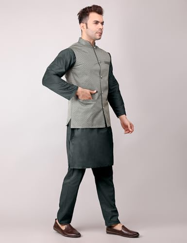 Image of Men's Cotton Silk Blend Regular Kurta Pyjama, Embroidered Nehru Jacket /Waistcoat Set