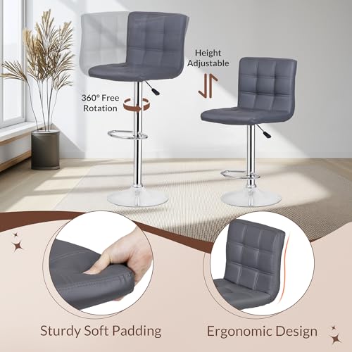 Image of ZENY Set of 4 Adjustable Swivel Barstools, Modern PU Leather Kitchen Counter Bar Stools, Square Back Bar Stool (Grey)