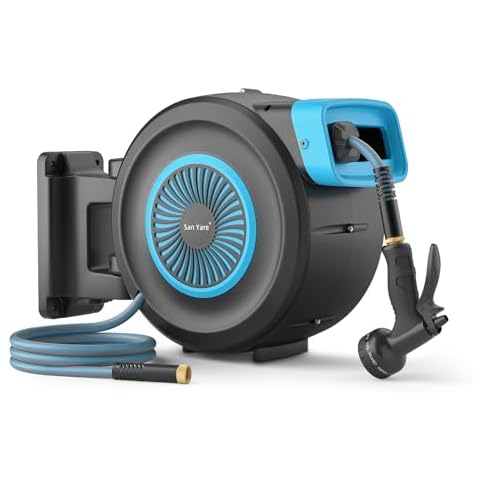 Garden Hose Reels for Outside,1/2"x 65FT Wall Mounted Hose Reel,with 9- Function Sprayer Nozzle,Any Length Lock/Slow Return System/Wall Mounted/180°Swivel Bracket. Cover