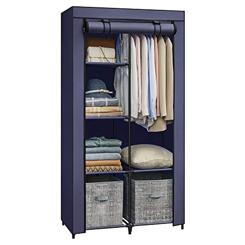 SONGMICS Portable Closet, 34.6 Inch Large Capacity Wardrobe Closet Organizer with Fabric Cover, Hanging Rods and Shelves, 34.6 x 17.7 x 66.1 Inches, for Bedroom, Living Room, Dark Blue URYG0