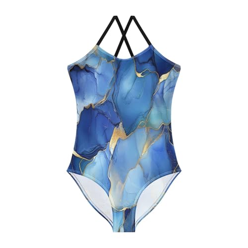 KLL Girl Swimsuit Swimwear Swim Suit for Girls 9-10T Marble Silver Royal Blue