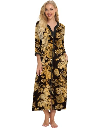 Image of Bloggerlove House Dresses for Women Zip Up Robes Soft Cotton Nightgown Half Sleeve House Coat Long Night Gowns Sleepwear
