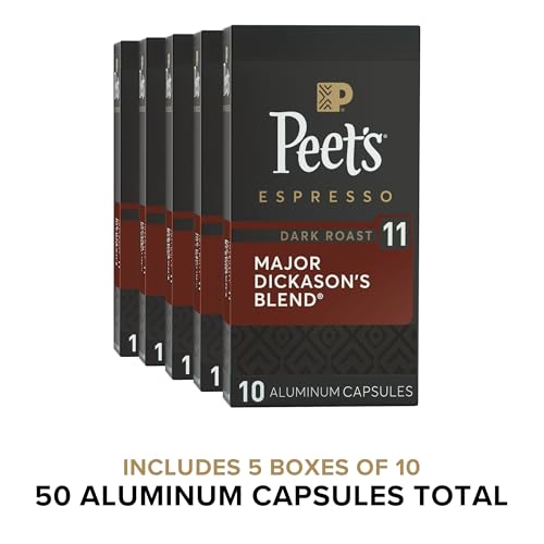 Peet's Coffee, Dark Roast Espresso Capsules, Compatible with Nespresso Original Machines - Major Dickason's Blend Intensity 11, 50 Count (5 Boxes of 10 Espresso Capsules)