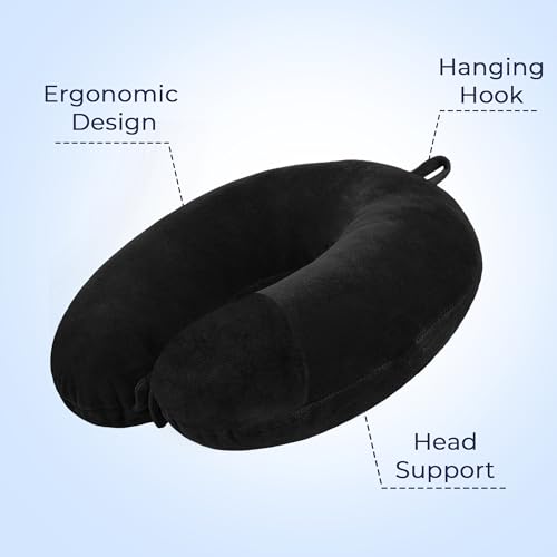 Image of U-Shaped Neck Pillow Soft Fiber Filled Travel Cushion with Snap Button, Comfortable Fabric, Neck Support for Flight, Bus, Car, Neck Pillow for Pain Relief (Black Combo)