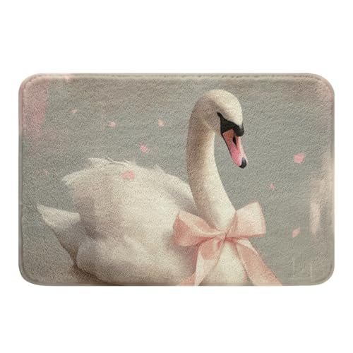 Erosebridal White Swan Bath Mat Classical Swan Non Slip Bath Rug, Watercolor Oil Painting Entryway Rug Swan Pink Bow Butterfly Knot Bathroom Rugs 16"X24"