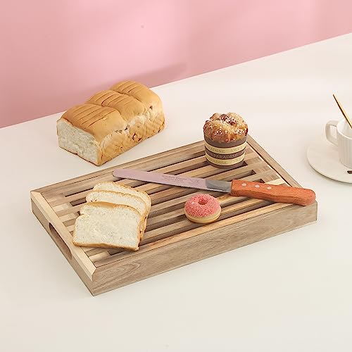 Wood Bread Cutting Board with Crumb Catcher Tray, 2-in-1 Serving Tray by VZODESR - Used condition - Image 6