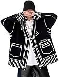 Shebote Women Print Graffiti Unique Cardigan Sweater Y2k Fake Pocket Long Sleeve Button Up Open Front Knit Sweaters Coat(0360-Black-M)