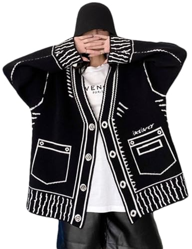Shebote Women Print Graffiti Unique Cardigan Sweater Y2k Fake Pocket Long Sleeve Button Up Open Front Knit Sweaters Coat(0360-Black-M)