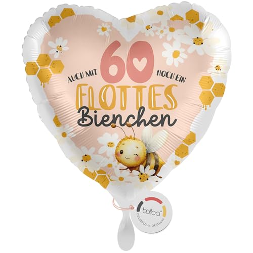 balloa Folienballon zum 60 Geburtstag Flottes Bienchen Herzballon rosa mit Zahl 60 Helium geeignet Luftballon Geburtstagsballon Geschenk und Partydeko für Frauen und Erwachsene 33cm